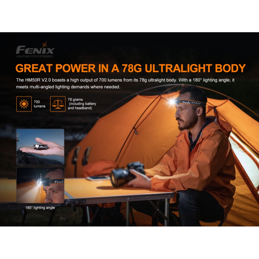 Fenix HM50RV20 - LED Punjiva čeona svjetiljka 3xLED/USB/1xCR123A IP68 700 lm 120 h 700 mAh