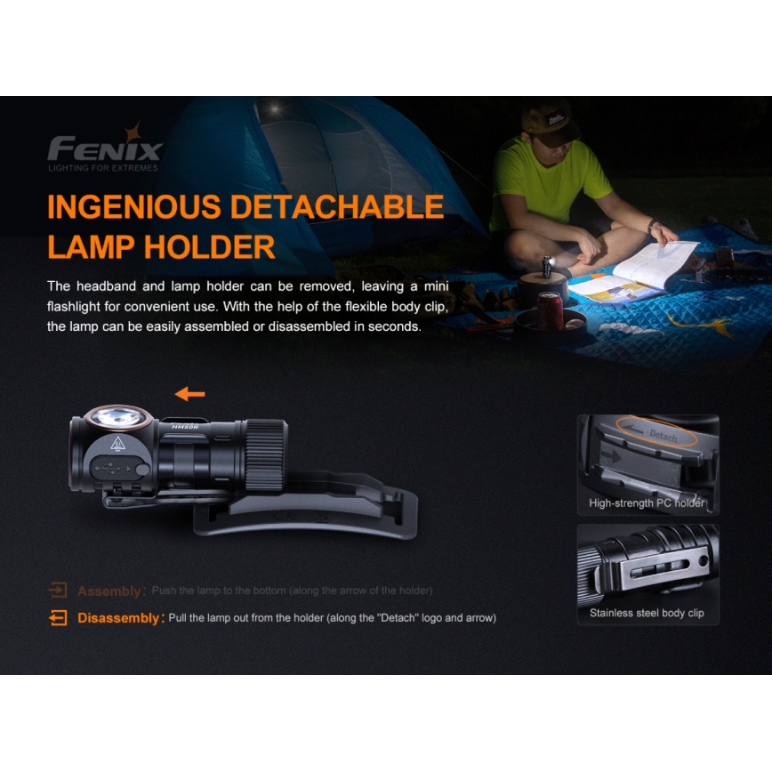 Fenix HM50RV20 - LED Punjiva čeona svjetiljka 3xLED/USB/1xCR123A IP68 700 lm 120 h 700 mAh