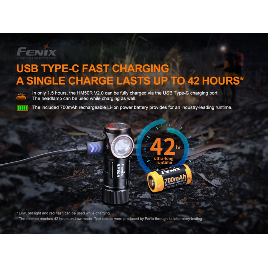 Fenix HM50RV20 - LED Punjiva čeona svjetiljka 3xLED/USB/1xCR123A IP68 700 lm 120 h 700 mAh