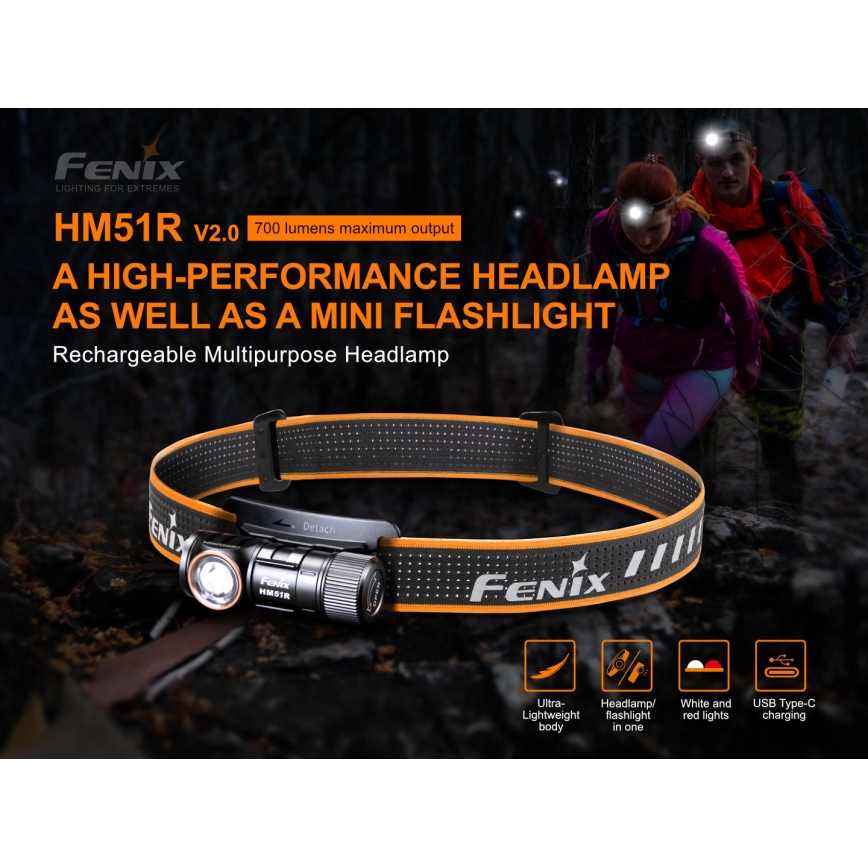 Fenix HM51RV20 - LED punjiva lampa za glavu 3xLED/1xCR123A/USB IP68 700 lm 120 h 700 m