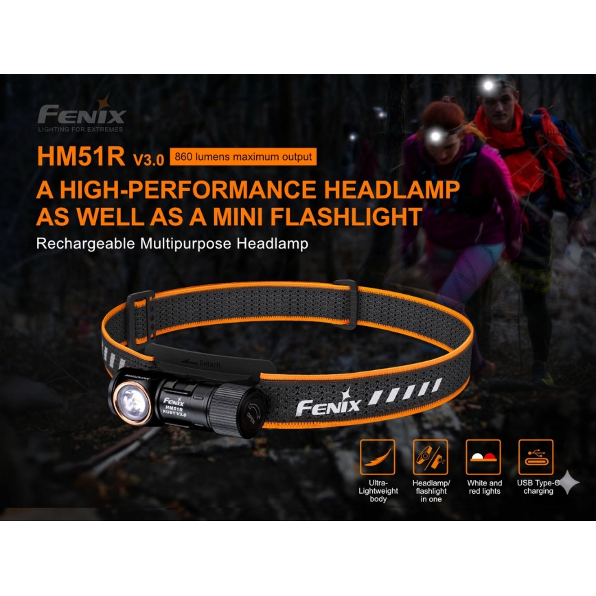 Fenix HM51RV30 - LED punjiva naglavna svjetiljka s podesivom svjetlinom LED/USB/1xCR123A 950 mAh IP68 860 lm 125 h narančasta