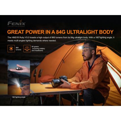 Fenix HM51RV30 - LED punjiva naglavna svjetiljka s podesivom svjetlinom LED/USB/1xCR123A 950 mAh IP68 860 lm 125 h narančasta