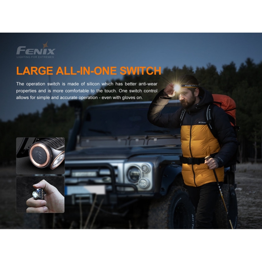 Fenix HM51RV30 - LED punjiva naglavna svjetiljka s podesivom svjetlinom LED/USB/1xCR123A 950 mAh IP68 860 lm 125 h narančasta