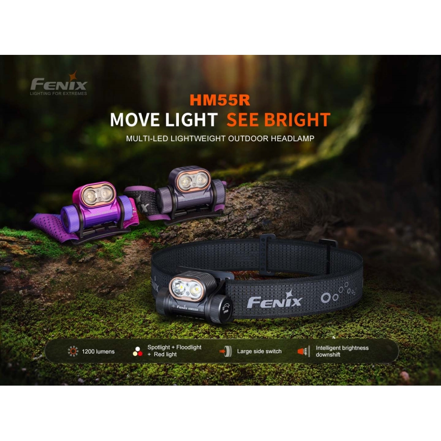 Fenix HM55RNBL - LED punjiva čelna svjetiljka s mogućnošću prigušivanja LED/USB/1×CR123A 1600 mAh IP68 1200 lm 141,2 h ljubičasta