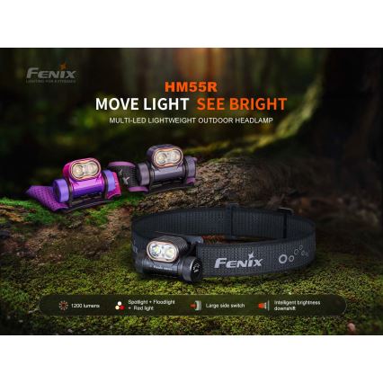 Fenix HM55RPRP - LED punjiva čelna svjetiljka s prigušivanjem LED/USB/1xCR123A 1600 mAh IP68 1200 lm 141,2 h ljubičasta/crna