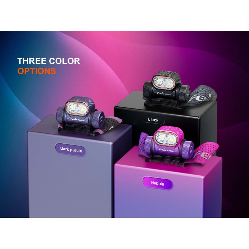 Fenix HM55RPRP - LED punjiva čelna svjetiljka s prigušivanjem LED/USB/1xCR123A 1600 mAh IP68 1200 lm 141,2 h ljubičasta/crna