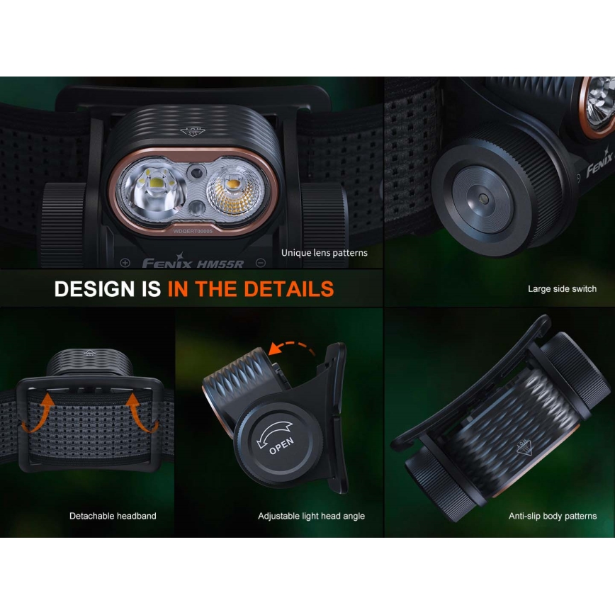 Fenix HM55RPRP - LED punjiva čelna svjetiljka s prigušivanjem LED/USB/1xCR123A 1600 mAh IP68 1200 lm 141,2 h ljubičasta/crna