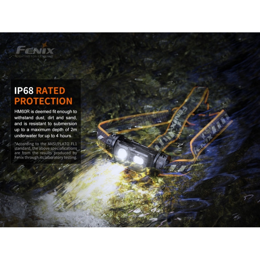 Fenix HM60R - LED Prigušiva punjiva čeona svjetiljka 4xLED/USB/2xCR123A IP68 1300 lm 300 h 3400 mAh