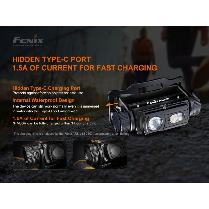 Fenix HM60R - LED Prigušiva punjiva čeona svjetiljka 4xLED/USB/2xCR123A IP68 1300 lm 300 h 3400 mAh
