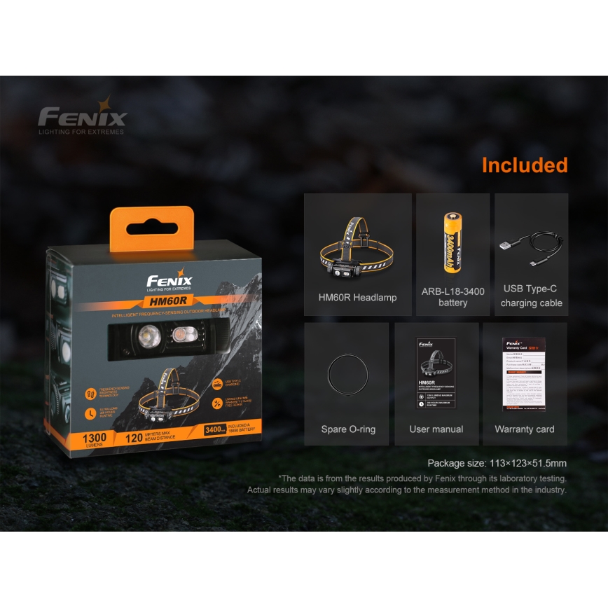 Fenix HM60R - LED Prigušiva punjiva čeona svjetiljka 4xLED/USB/2xCR123A IP68 1300 lm 300 h 3400 mAh