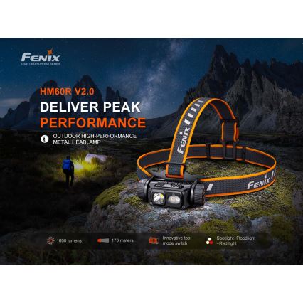 Fenix HM60RV20 - punjiva LED čelna svjetiljka s podesivom svjetlinom, LED/USB, 4000 mAh, IP68, 1600 lm, 292 h, narančasta