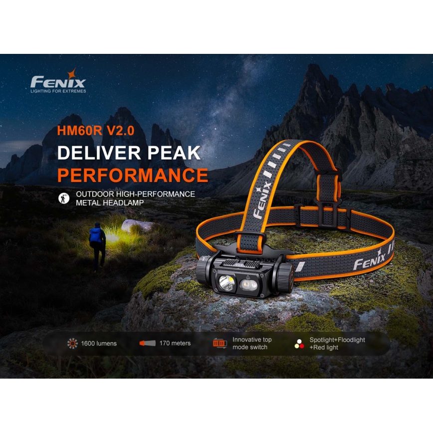 Fenix HM60RV20 - punjiva LED čelna svjetiljka s podesivom svjetlinom, LED/USB, 4000 mAh, IP68, 1600 lm, 292 h, narančasta
