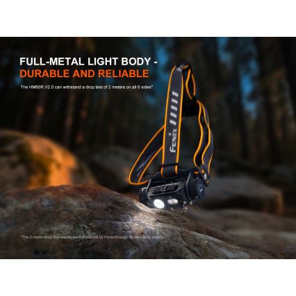 Fenix HM60RV20 - punjiva LED čelna svjetiljka s podesivom svjetlinom, LED/USB, 4000 mAh, IP68, 1600 lm, 292 h, narančasta