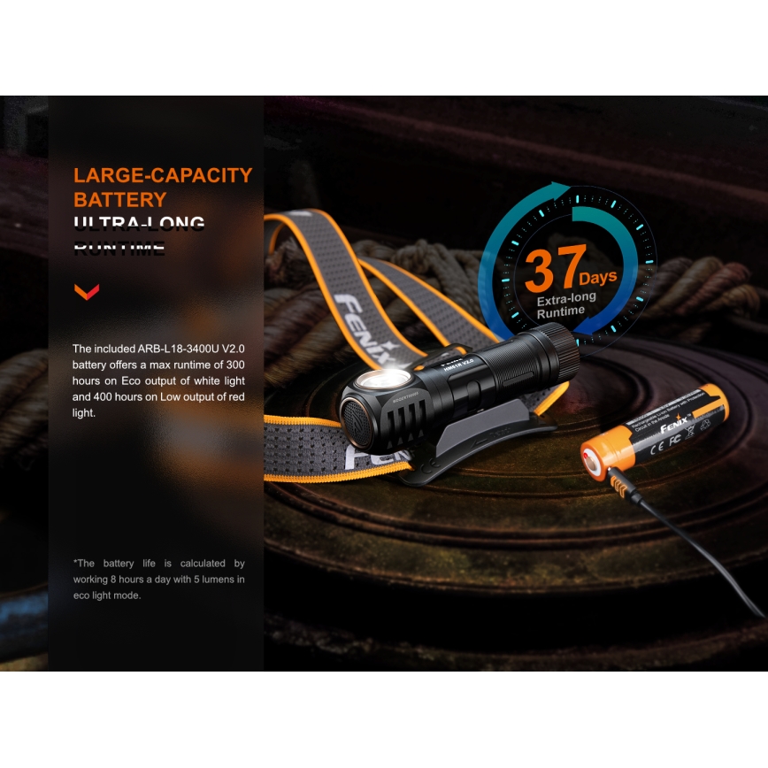 Fenix HM61RV20 - LED Punjiva čeona svjetiljka LED/USB/2xCR123A IP68 1600 lm 300 h 3400 mAh