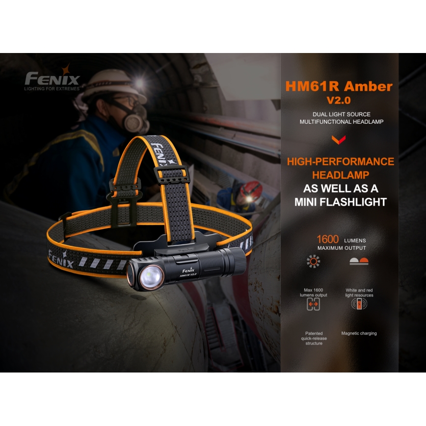 Fenix HM61RV20 - LED Punjiva čeona svjetiljka LED/USB/2xCR123A IP68 1600 lm 300 h 3400 mAh