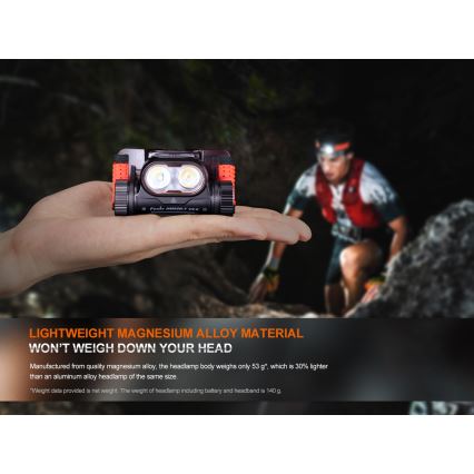 Fenix HM65RTV20BLC- LED Prigušiva punjiva čeona svjetiljka LED/USB/2xCR123A IP68 3400 mAh crna/narančasta