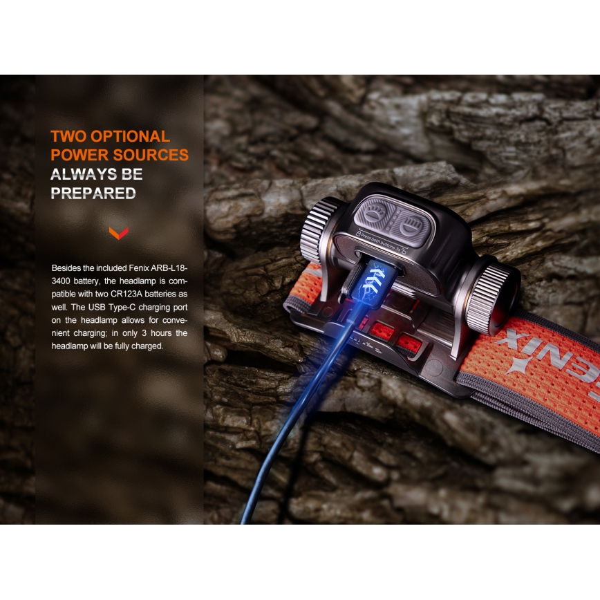 Fenix HM65RTV20BLC- LED Prigušiva punjiva čeona svjetiljka LED/USB/2xCR123A IP68 3400 mAh crna/narančasta