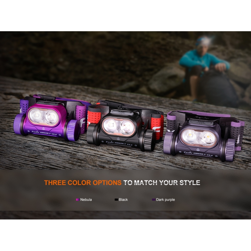 Fenix HM65RTV20BLC- LED Prigušiva punjiva čeona svjetiljka LED/USB/2xCR123A IP68 3400 mAh crna/narančasta