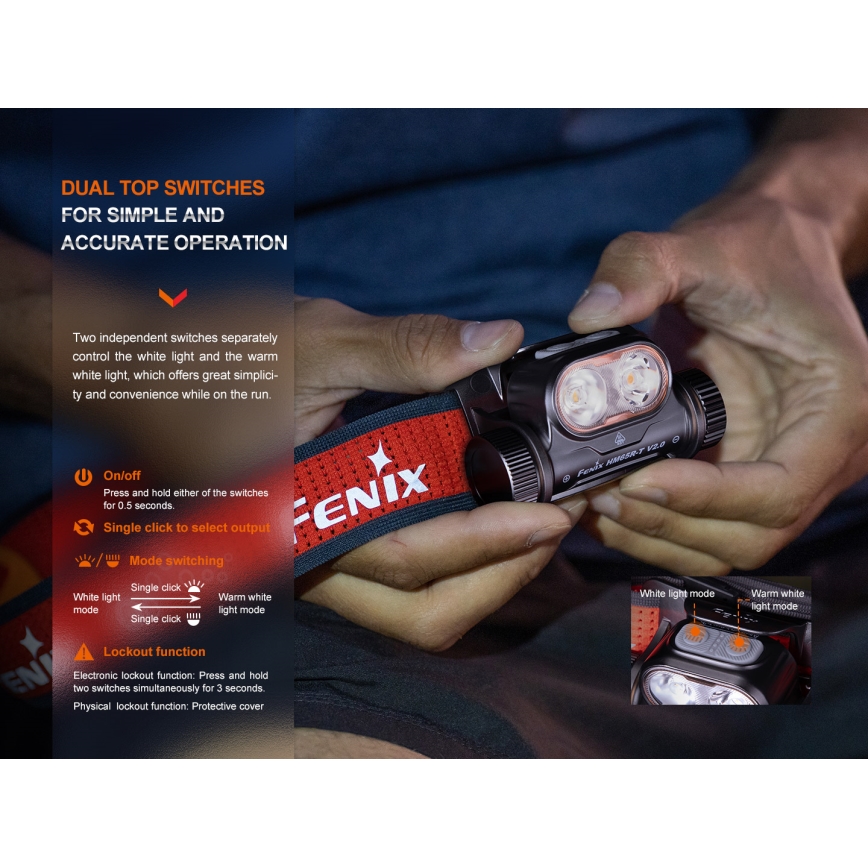 Fenix HM65RTV20BLC- LED Prigušiva punjiva čeona svjetiljka LED/USB/2xCR123A IP68 3400 mAh crna/narančasta