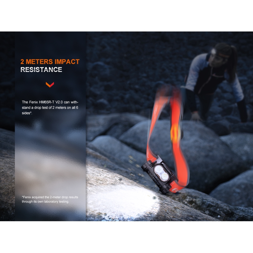 Fenix HM65RTV20BLC- LED Prigušiva punjiva čeona svjetiljka LED/USB/2xCR123A IP68 3400 mAh crna/narančasta