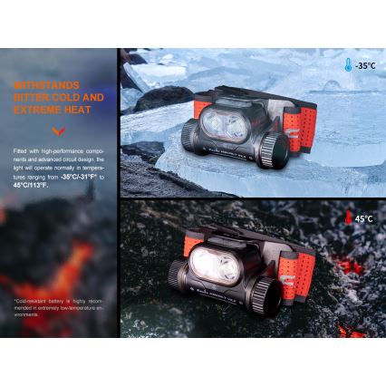 Fenix HM65RTV20BLC- LED Prigušiva punjiva čeona svjetiljka LED/USB/2xCR123A IP68 3400 mAh crna/narančasta