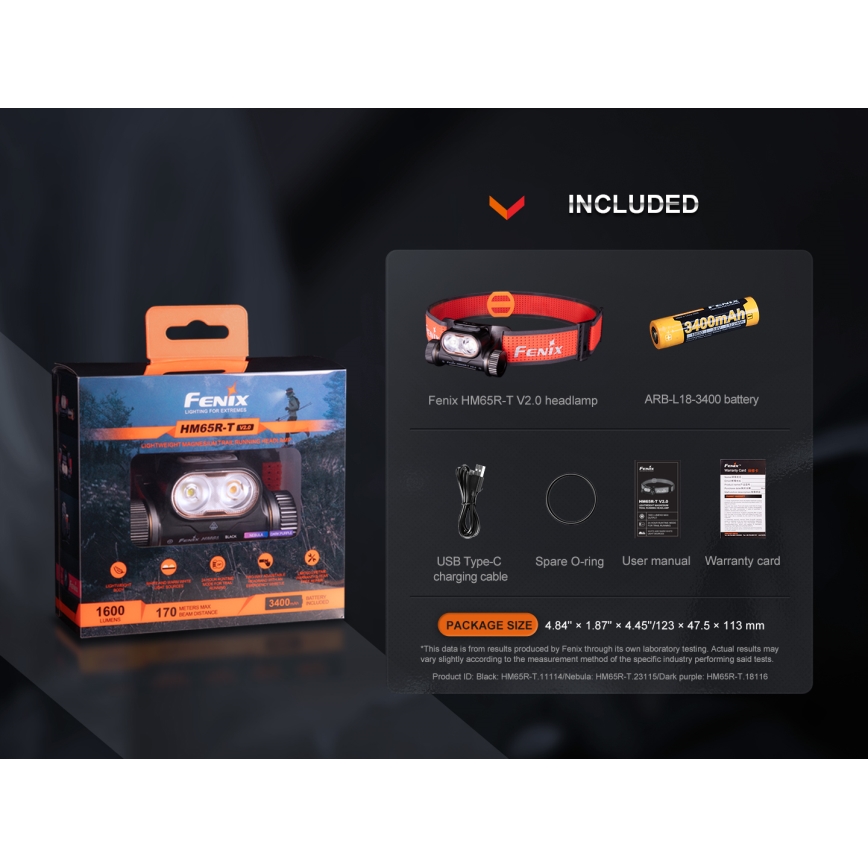 Fenix HM65RTV20BLC- LED Prigušiva punjiva čeona svjetiljka LED/USB/2xCR123A IP68 3400 mAh crna/narančasta