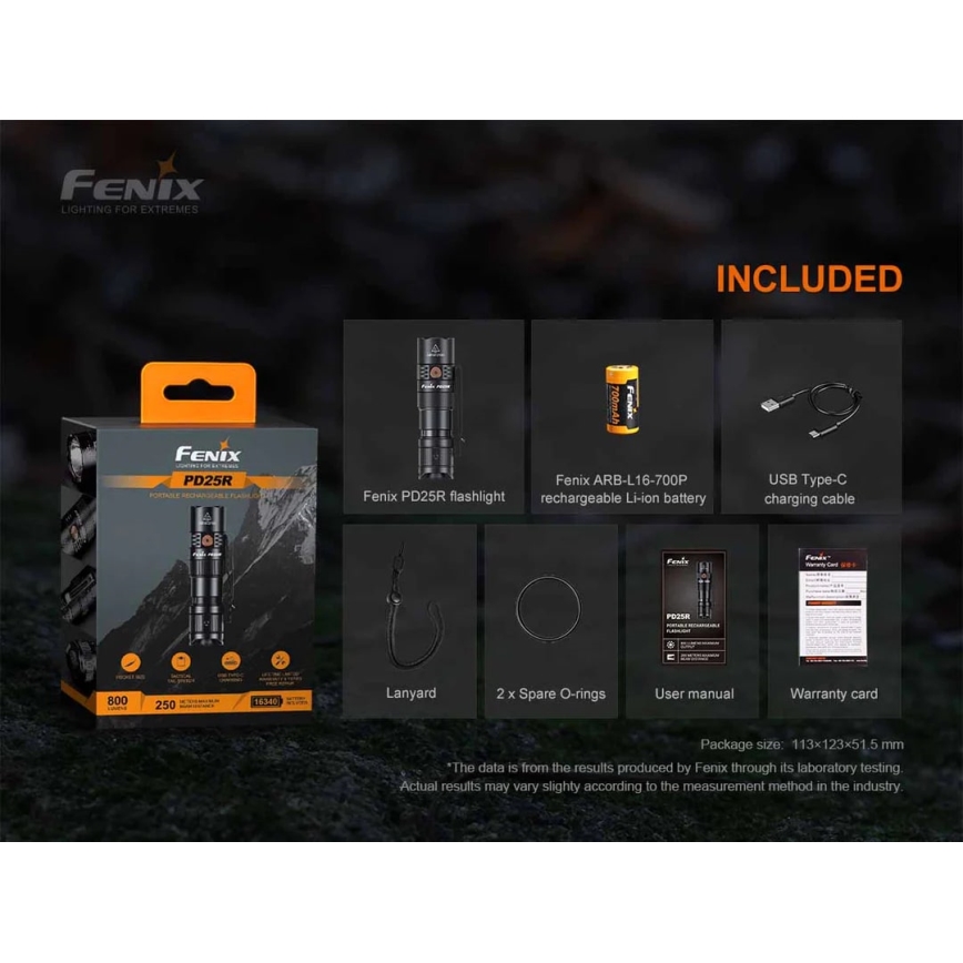Fenix PD25R - LED Punjiva baterijska svjetiljka LED/USB/1xCR123A IP68 800 lm 70 h 700 mAh