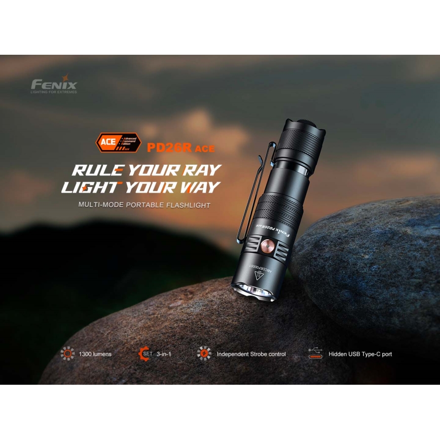 Fenix PD26RACE - punjiva LED svjetiljka s mogućnošću prigušivanja, USB, 1600 mAh, IP68, 1300 lm, 556 h, crna