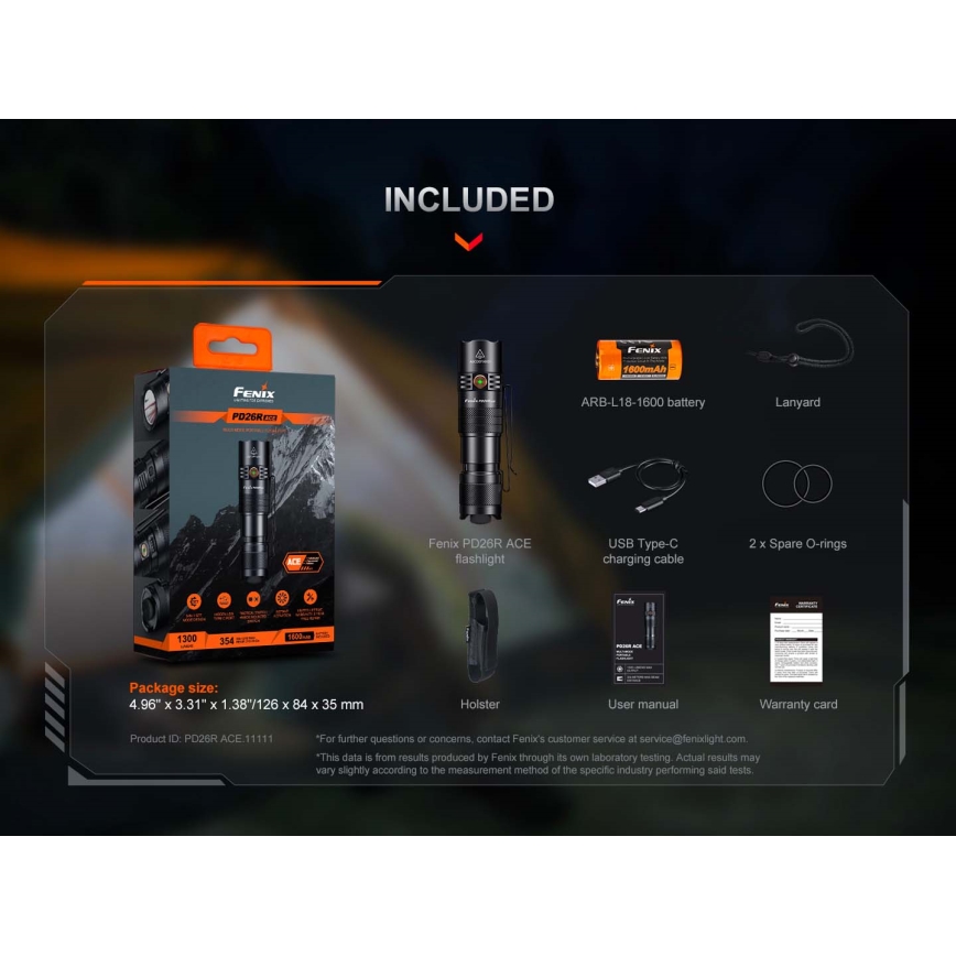 Fenix PD26RACE - punjiva LED svjetiljka s mogućnošću prigušivanja, USB, 1600 mAh, IP68, 1300 lm, 556 h, crna