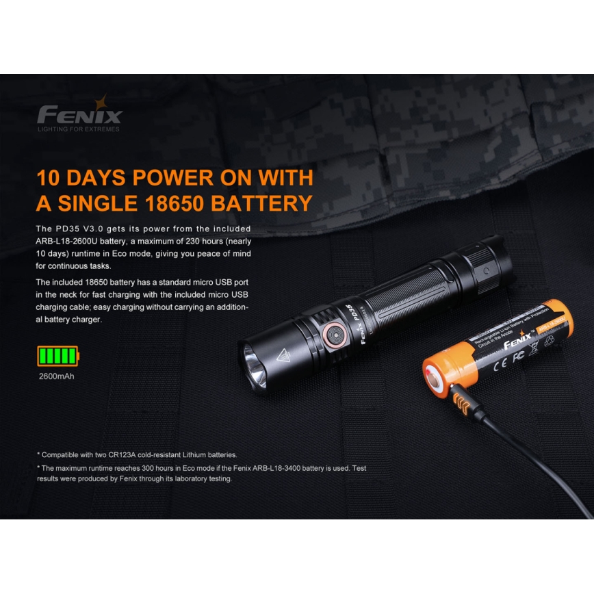 Fenix PD35V30 - LED Punjiva svjetiljka LED/USB/2xCR123A IP68 1700 lm 230 h 2600 mAh