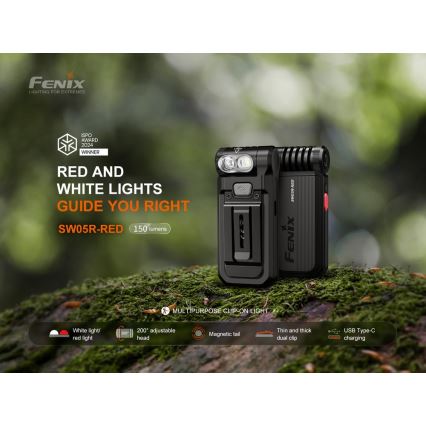 Fenix SW05RREDBLC - LED punjiva svjetiljka s mogućnošću prigušivanja svjetla LED/USB IPX6 150 lm 49 h 700 mAh crna