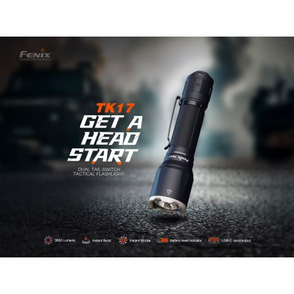 Fenix TK17BLK - punjiva LED ručna svjetiljka s prigušivanjem, LED/USB, 6000 mAh, IP68, 3600 lm, 60 h, crna