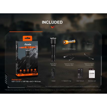 Fenix TK17BLK - punjiva LED ručna svjetiljka s prigušivanjem, LED/USB, 6000 mAh, IP68, 3600 lm, 60 h, crna