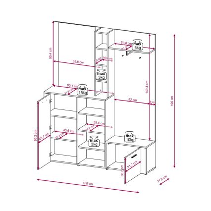 Garderobni zid s ogledalom KEVIN smeđa/bijela