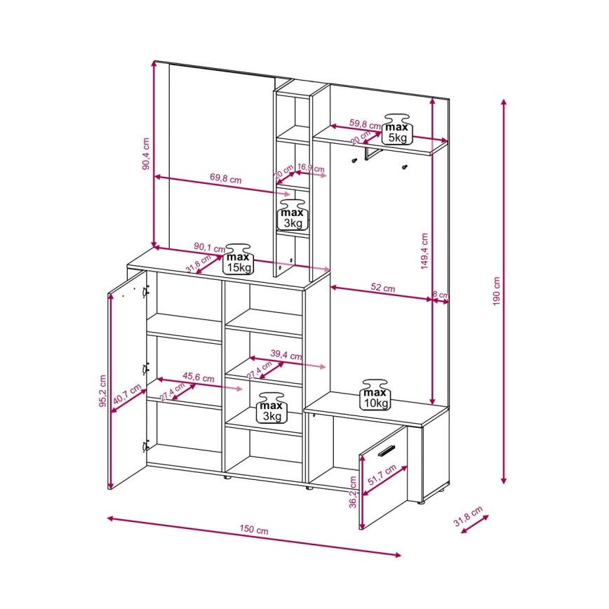 Garderobni zid s ogledalom KEVIN smeđa/bijela