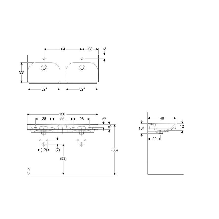Geberit 500.223.01.1 - Zidni dvostruki umivaonik Smyle Square 120x48 cm keramika/bijela