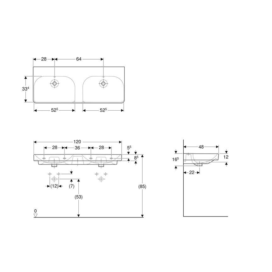 Geberit 500.224.01.1 - Zidni dvostruki umivaonik Smyle Square 120x48 cm keramika/bijela