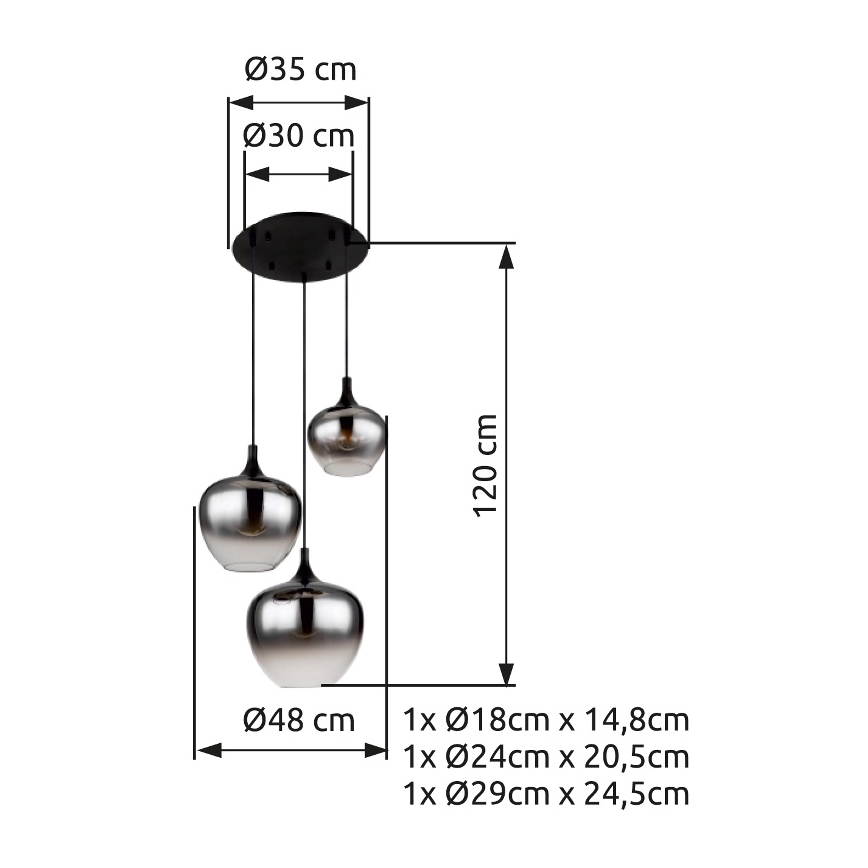 Globo - Luster na sajli 3xE27/40W/230V pr. 48 cm crna