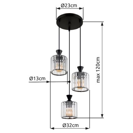 Globo - Luster na sajli 3xE27/60W/230V pr. 32 cm crna
