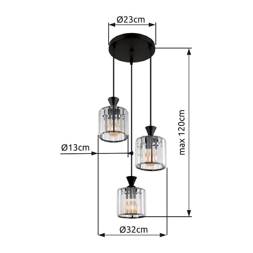 Globo - Luster na sajli 3xE27/60W/230V pr. 32 cm crna