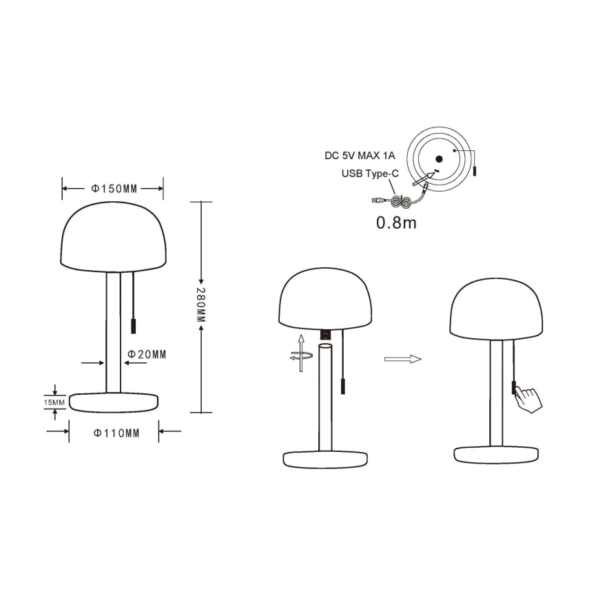 Globo - LED Punjiva stolna lampa LED/1,5W/3,7V 3000/4200/6000K 1800mAh crna