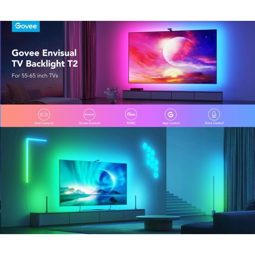 Govee - DreamView T2 DUAL TV 55-65" SMART LED s pozadinskim osvjetljenjem RGBIC Wi-Fi + daljinski upravljač
