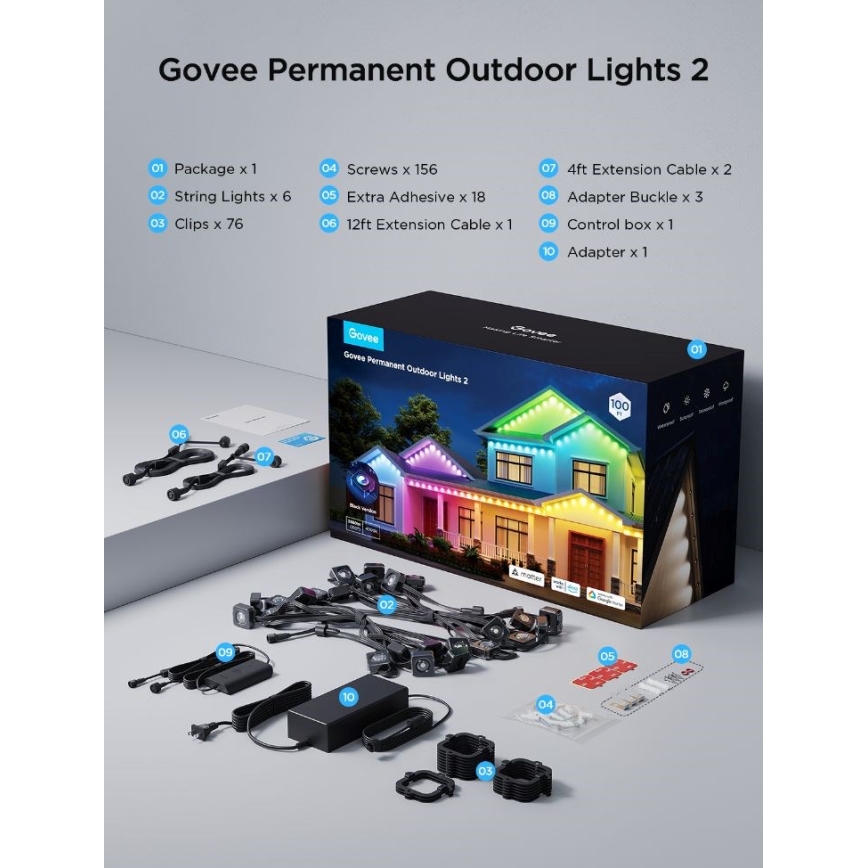Govee - LED RGBIC niz ugradnih svjetala, 30 m, Wi‑Fi, Matter, IP67