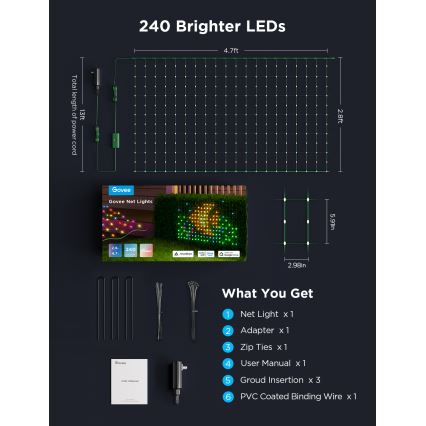 Govee - LED RGBIC vanjska svjetlosna mreža 143 x 85 cm, Wi‑Fi, Matter, IP65