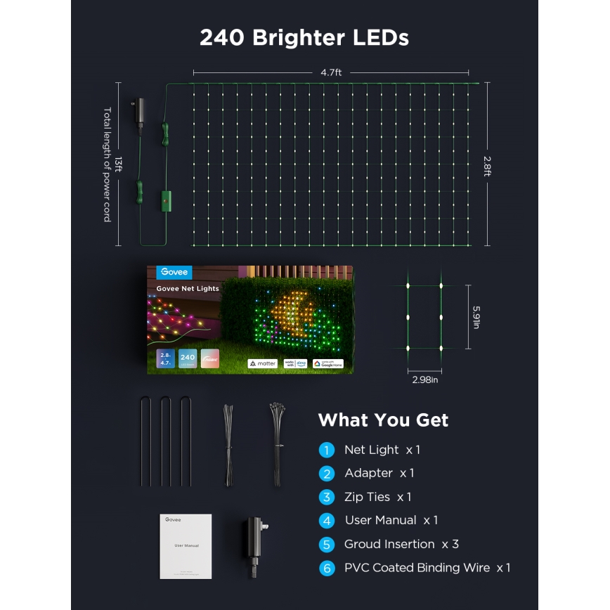 Govee - LED RGBIC vanjska svjetlosna mreža 143 x 85 cm, Wi‑Fi, Matter, IP65