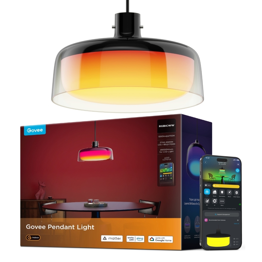 Govee - LED RGBICWW Prigušivi luster na kabelu LED/21W/230V Matter Wi-Fi