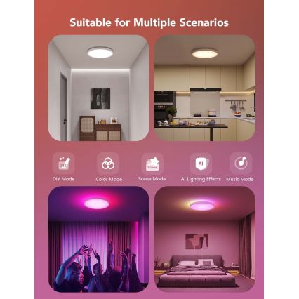 Govee - LED RGBICWW prigušivo stropno LED svjetlo 29W/230V, promjer 30 cm, mat, Wi-Fi