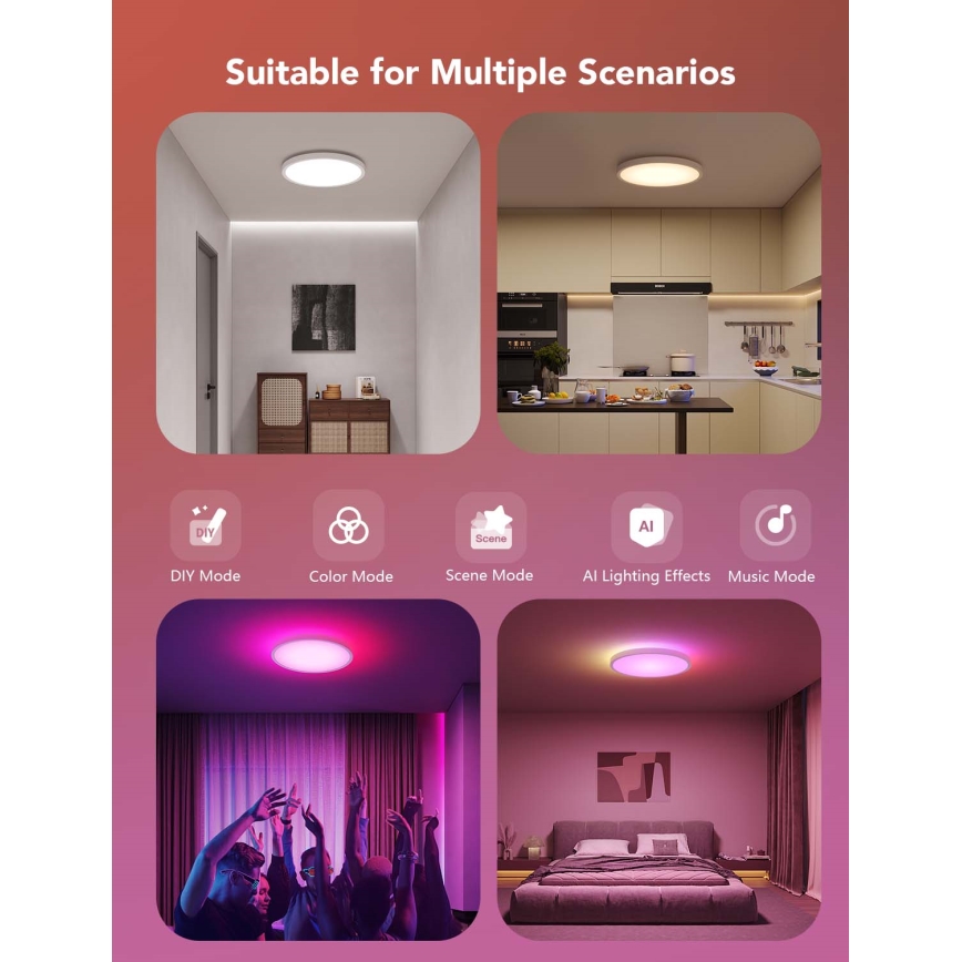 Govee - LED RGBICWW prigušivo stropno LED svjetlo 29W/230V, promjer 30 cm, mat, Wi-Fi