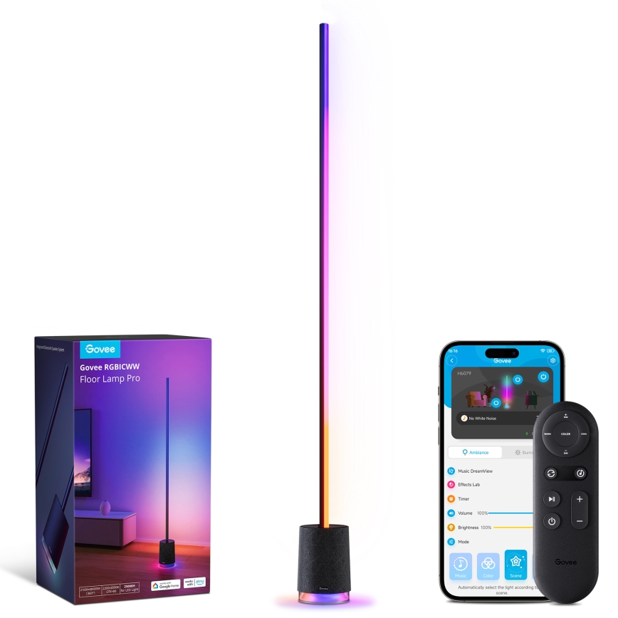 Govee - LED podesiva podna lampa s zvučnikom Pro RGBICWW 2200-65000K Wi-Fi + daljinski upravljač