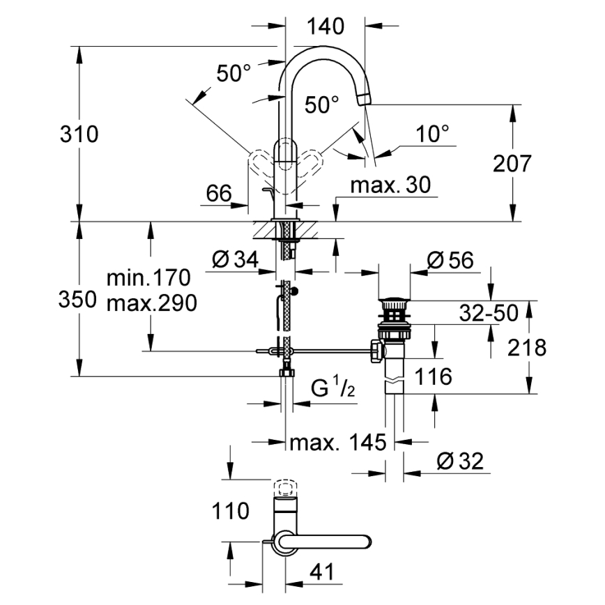 GROHE 23091000 - Baterija za umivaonik BAULOOP 310 mm sjajni krom